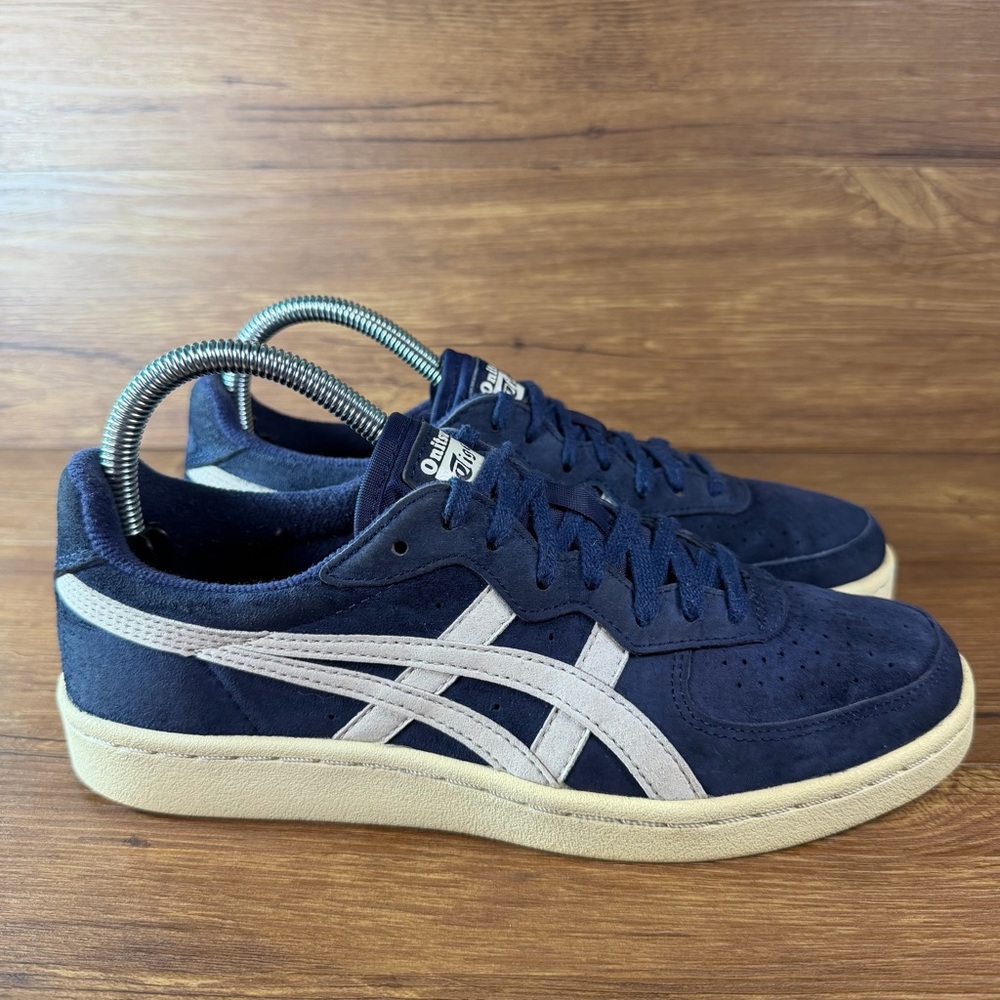 Navy Suede Low-Top Sneakers with White Stripes